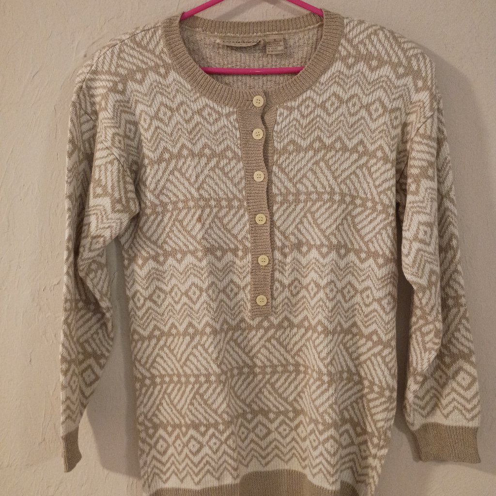 Vintage Liz Claiborne Knitwear Henley Sweater Beige  White Geometric Size S